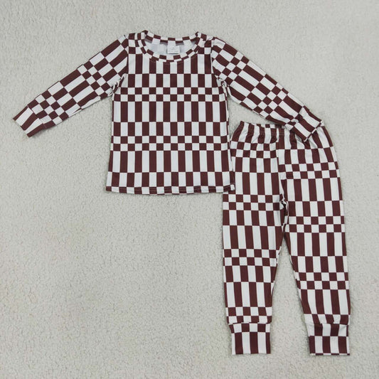 NEW RTS NO MOQ milk silk BLP1479 Baby Boys Maroon Check Long Sleeve Top Pants Sleep Pajamas Set