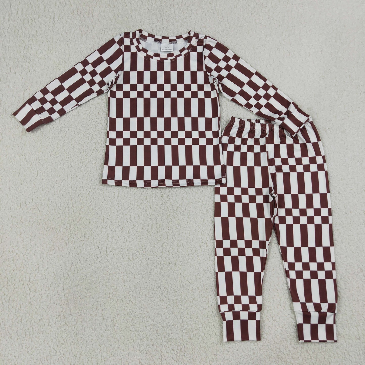 RTS NO MOQ Sibling milk silk Baby Boys Maroon Checked Print Top Matching Pants Pajamas Clothes Set Two Way Zip Convertible Rompers
