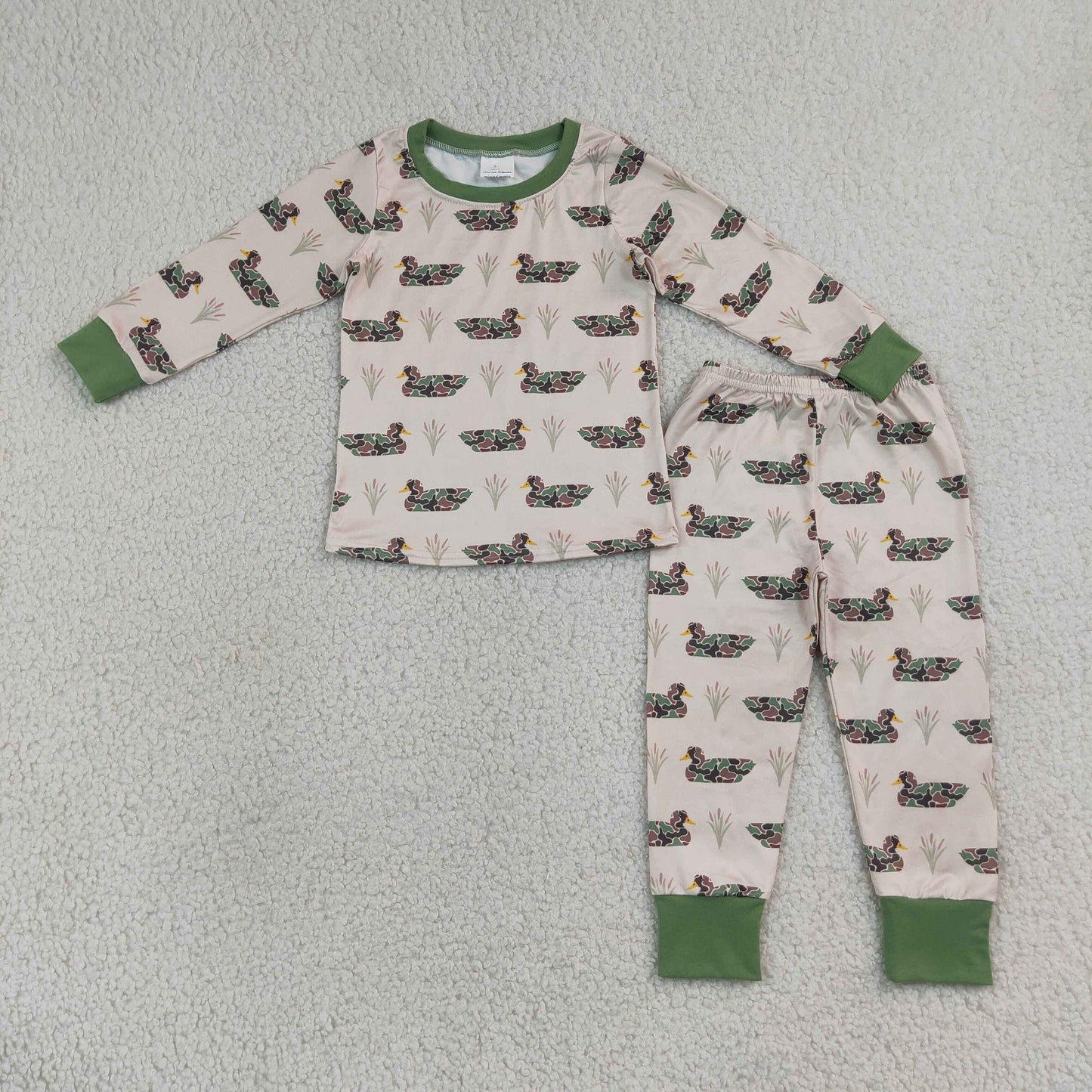 RTS NO MOQ Sibling milk silk Baby Boys Camo Duck Plaid Print Long Sleeve Top Pant  Pajama Set Rompers