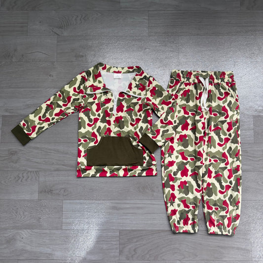 (Sample) No moq milk silk BLP1486 Baby Boys Hunting Camo Deer Zip Pocket Pullover Pockets Jogger Pants Clothes Sets