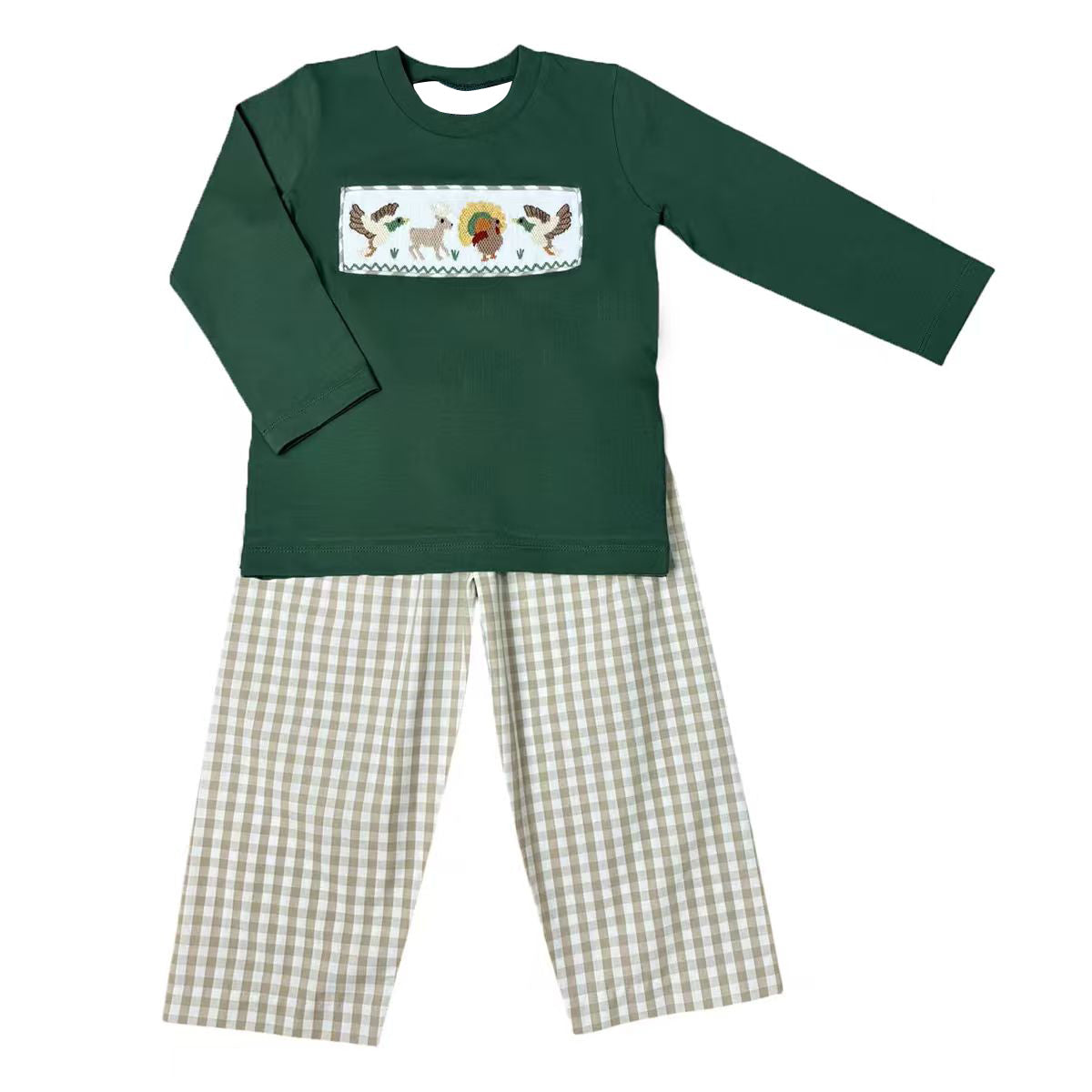 (Preorder new) No moq BLP1488 Baby Boys Deer Turkey Dog Duck Print Top Checked Pant Matching Hunting Clothes Set