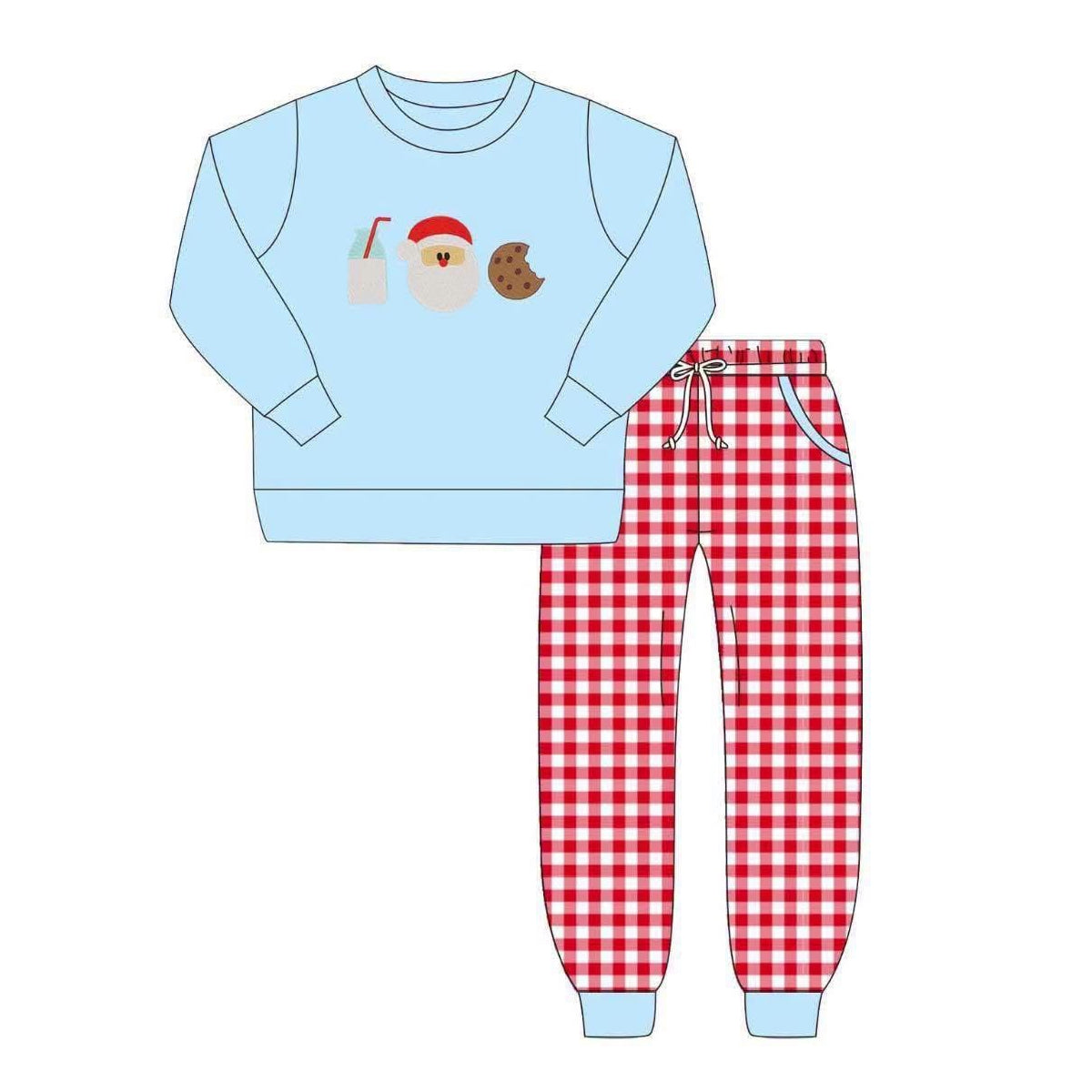 (Preorder new) No moq Baby Boys Girls Santa Milk Print Top Checked Pocket Jogger Matching Christmas Clothes Set Rompers