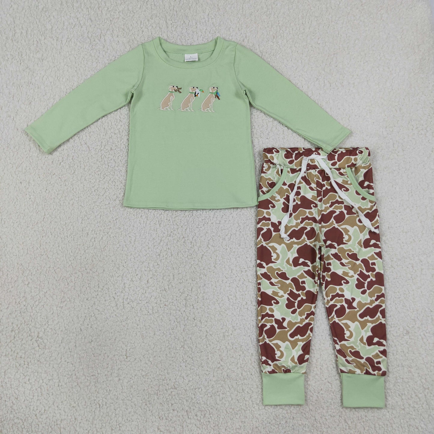 NEW RTS NO MOQ milk silk BLP1492 Embroidery Boys Dog Duck Print Top Matching Camo Pocket Jogger Hunting Clothes Set