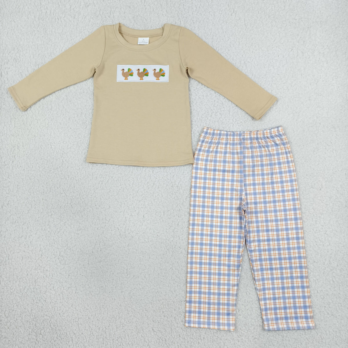 NEW RTS NO MOQ milk silk BLP1495 Embroidery Turkey Baby Boys Long Sleeve Top Matching Checked Pant Thanksgiving Clothes Sets
