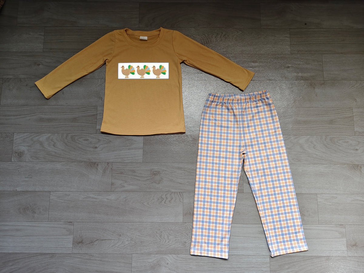 (Sample) No moq milk silk BLP1495 Embroidery Turkey Baby Boys Long Sleeve Top Checked Pant Thanksgiving Clothes Sets