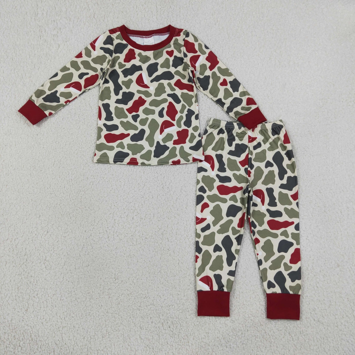RTS NO MOQ Sibling milk silk Baby Boys Christmas Camo Print Button Down Shirt Long Sleeve Pant Pajama Set