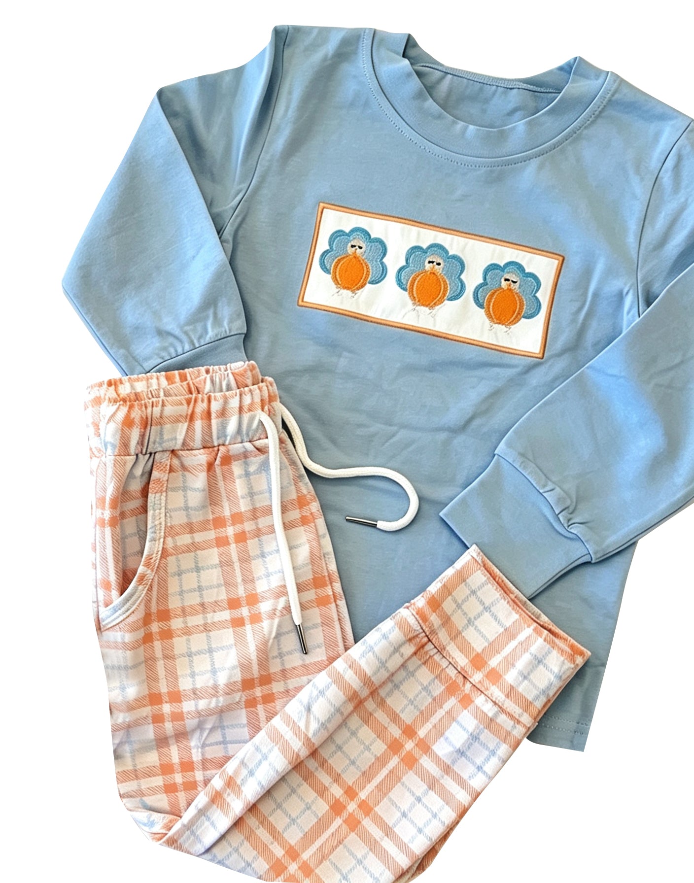 (Preorder new) No moq Baby Boys Pumpkins Turkey Front Pocket Long Top Pant Sets Rompers