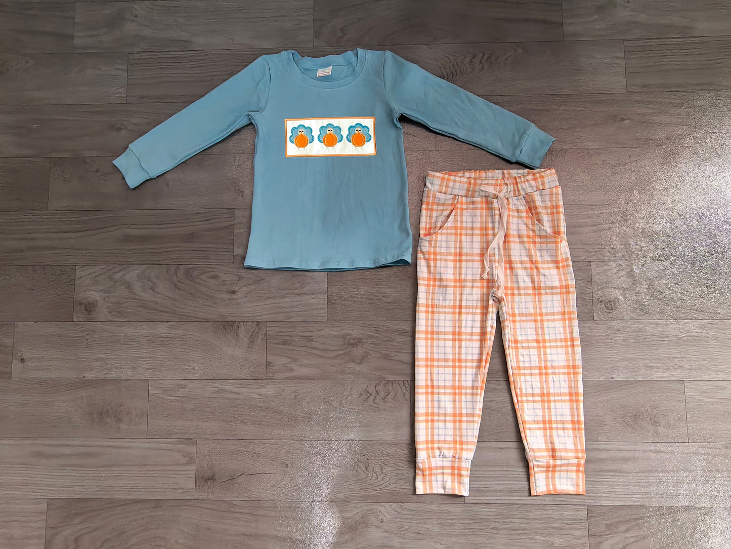 (Sample) No moq milk silk BLP1498 Embroidery Pumpkins Turkey Baby Boys Pockets Pant Thanksgivings Clothes Sets