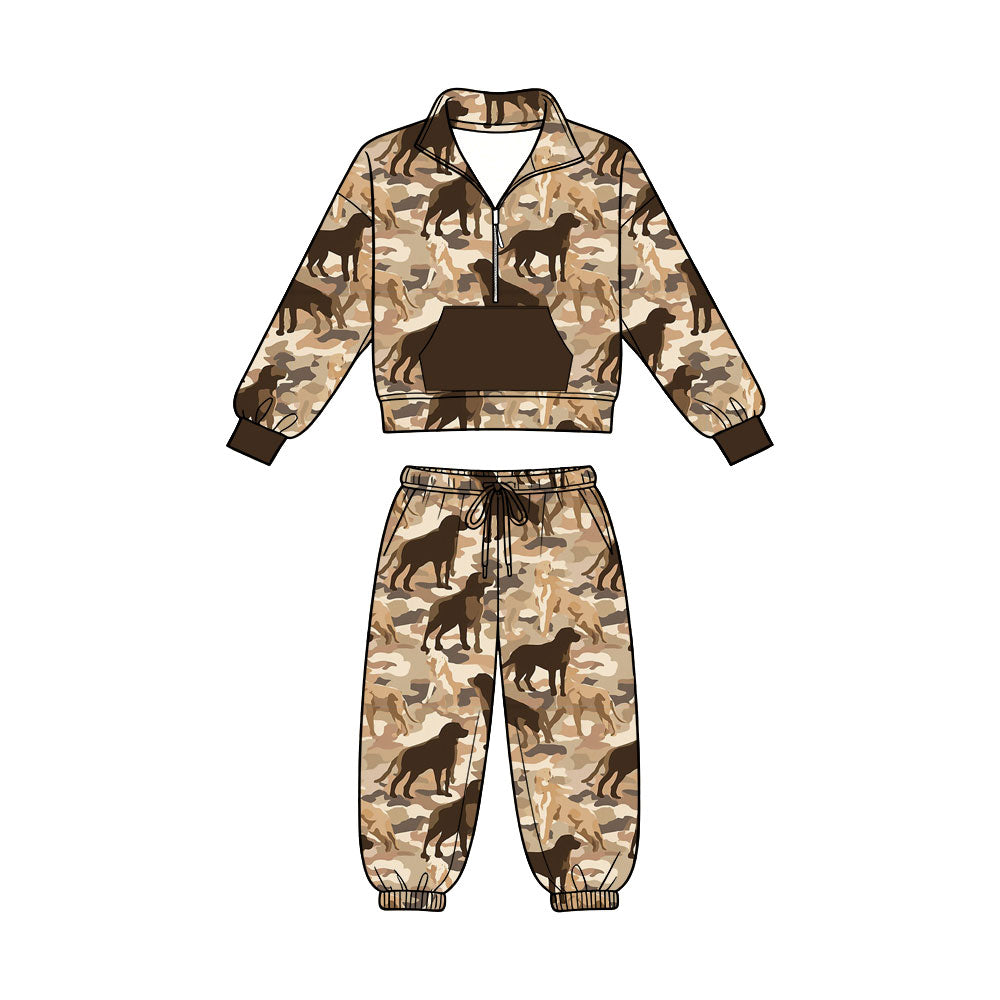 (Preorder new) No moq Baby Boys Dogs Camo Print Zip Pocket Long Sleeve Pullover And Jogger Pants Clothes Set Hunting Two Way Zip Convertible Rompers