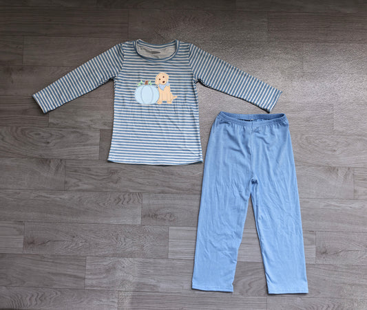 (Sample) No moq milk silk BLP1500 Embroidery Toddler Boys Blue Stripe Pumpkin Dog Print Long Sleeve Top Pant Two Piece Fall Outfit Set