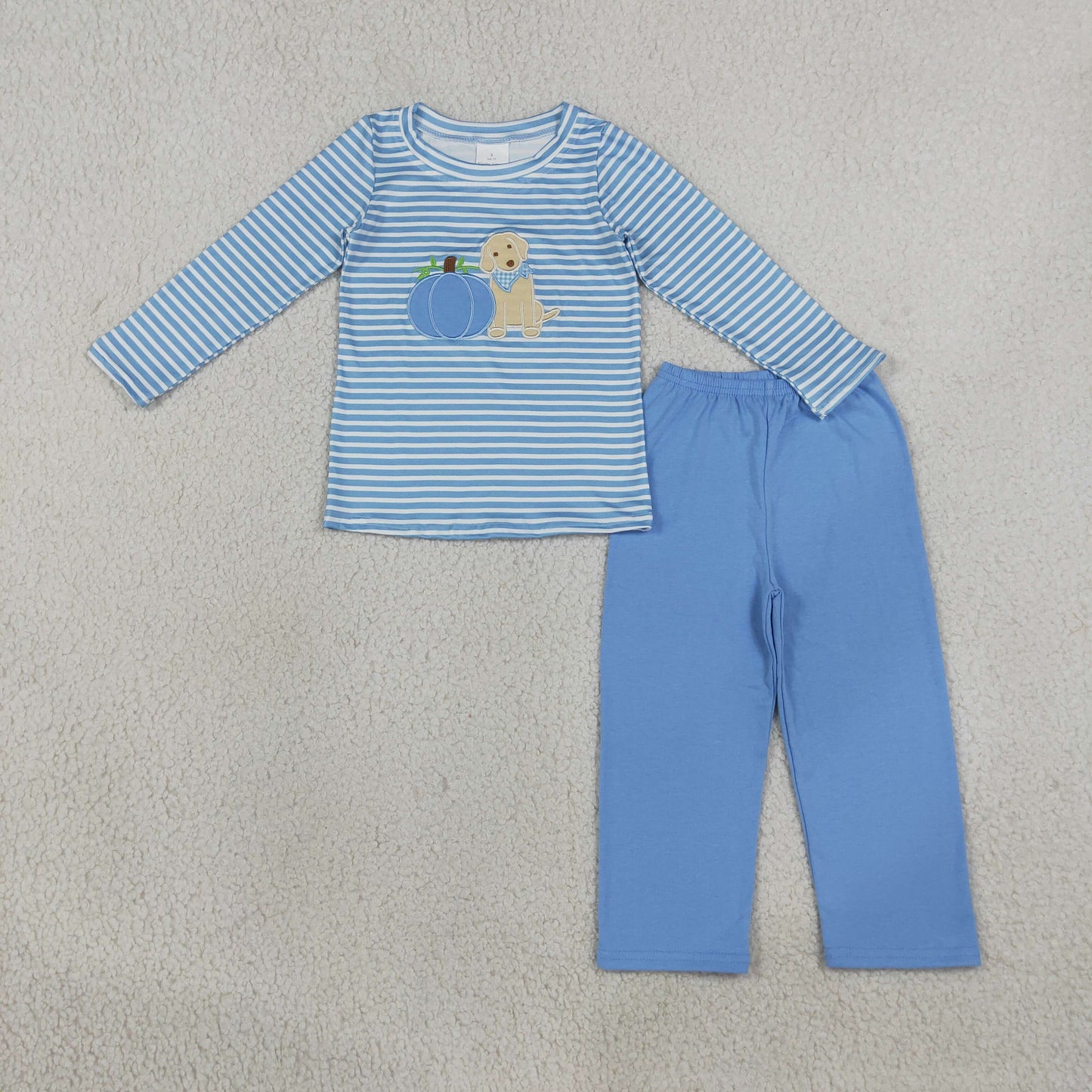 RTS NO MOQ Sibling milk silk Embroidery Pumpkin Dogs Baby Boys Girls Stripe Top Pants Fall Clothes Sets Rompers