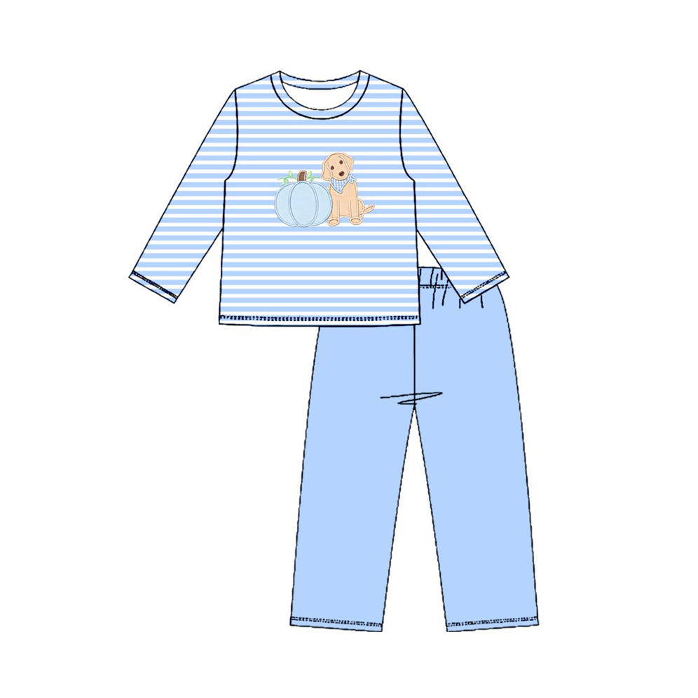 (Preorder new) No moq Embroidery Pumpkins Dogs Baby Boys Blue Stripe Top Pants Clothes Sets Rompers