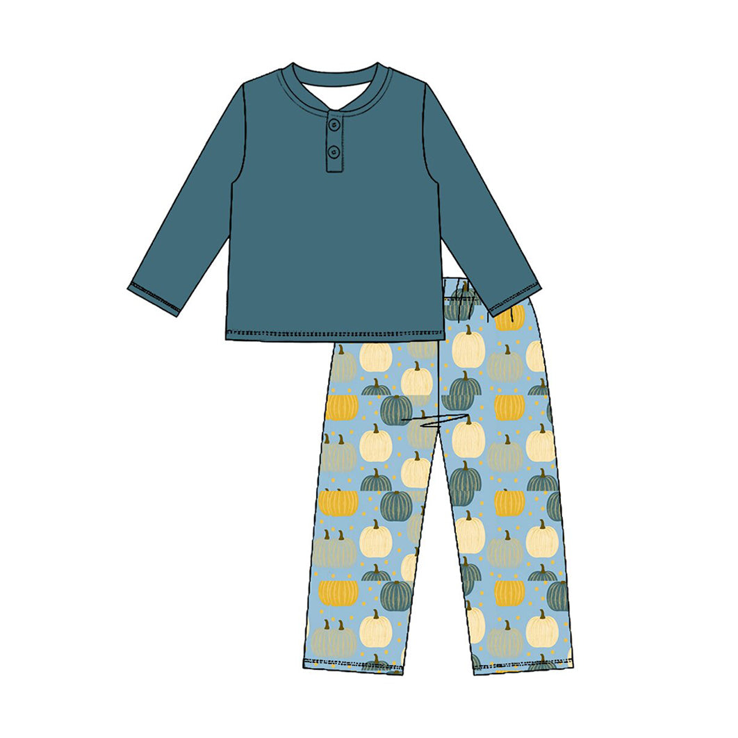 (Preorder new) No moq Baby Boys Solid Color Long Sleeve Top Pumpkin Print Pants Matching Pumpkin Print Long Sleeve Romper
