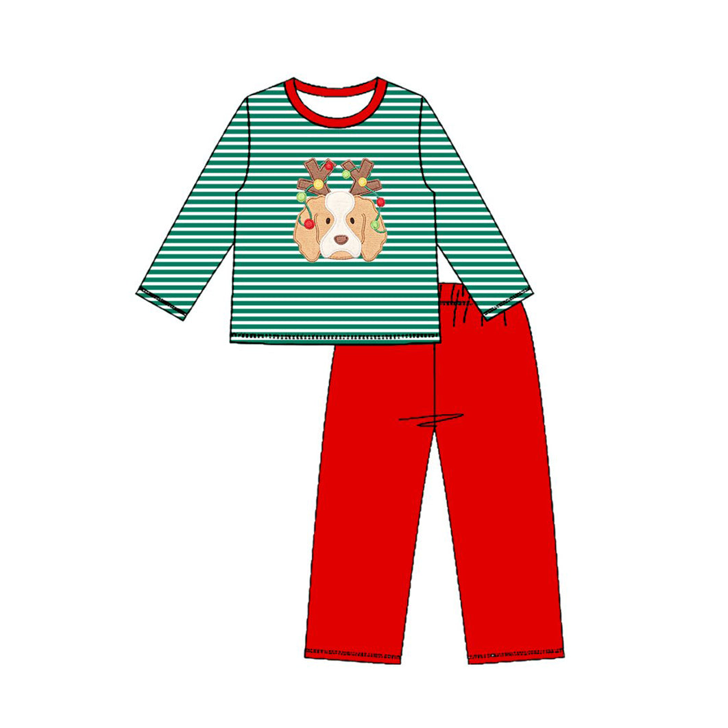 (Preorder new) No moq Baby Boys Dogs Christmas Stripe Long Sleeve Top Long Pants Set Rompers