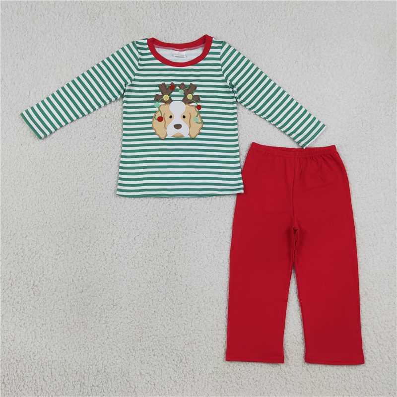 RTS NO MOQ Sibling milk silk Embroidery Baby Boys Girls Green White Stripe Christmas Reindeer Dog Print Romper And Ruffle Top Red Pant Set