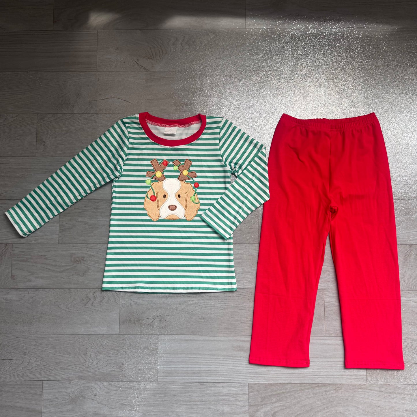 (Sample) No moq milk silk BLP1502 Embroidery Toddler Boys Green Light Dog Top Pant Christmas Casual Outfit