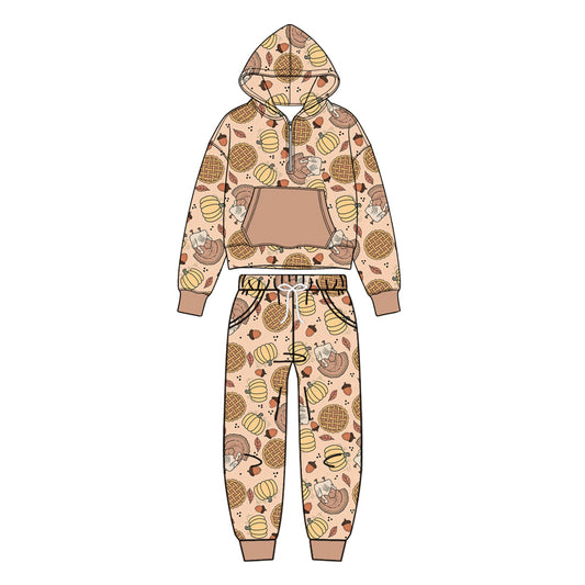 (Preorder new) No moq BLP1504 Baby Boys Thanksgiving Pumpkin Turkey Print Zip Up Pocket Hoodie Elastic Waist Pants Outfit Set