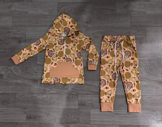(Sample) No moq milk silk BLP1504 Baby Boys Thanksgiving Pumpkin Turkey Print Zip Up Pocket Hoodie Elastic Waist Pants Outfit Set