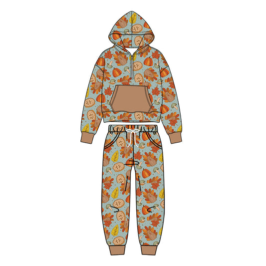 (Preorder new) No moq BLP1505 Baby Boys Thanksgiving Pumpkin Turkey Print Zip Up Pocket Hoodie Elastic Waist Jogger Pants Set
