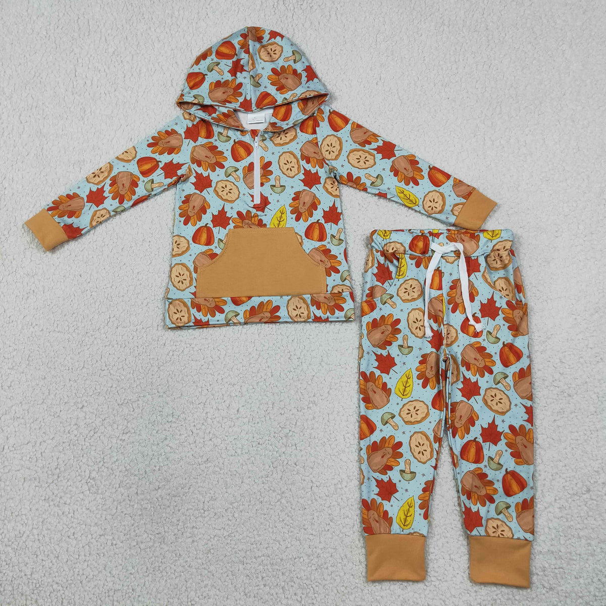 RTS NO MOQ Sibling milk silk Baby Kids Thanksgiving Turkey Pumpkin Print Long Sleeve Dress Hoodie Pant Set