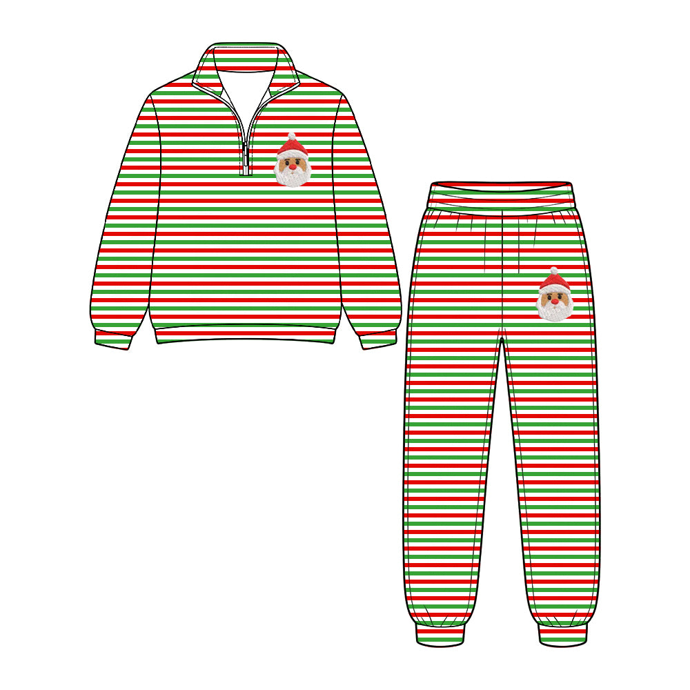 (Preorder new) No moq BLP1506 Baby Boys Christmas Red Green Stripe Santa Print Zip Front Pullover Jogger Pants Set