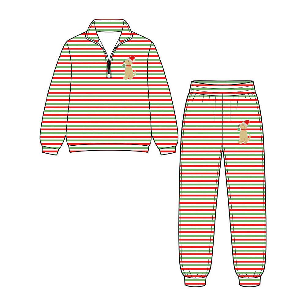 (Preorder new) No moq BLP1507 Baby Boys Christmas Red Green Stripe Santa Hat Dog Print Zip Front Pullover Jogger Pants Set