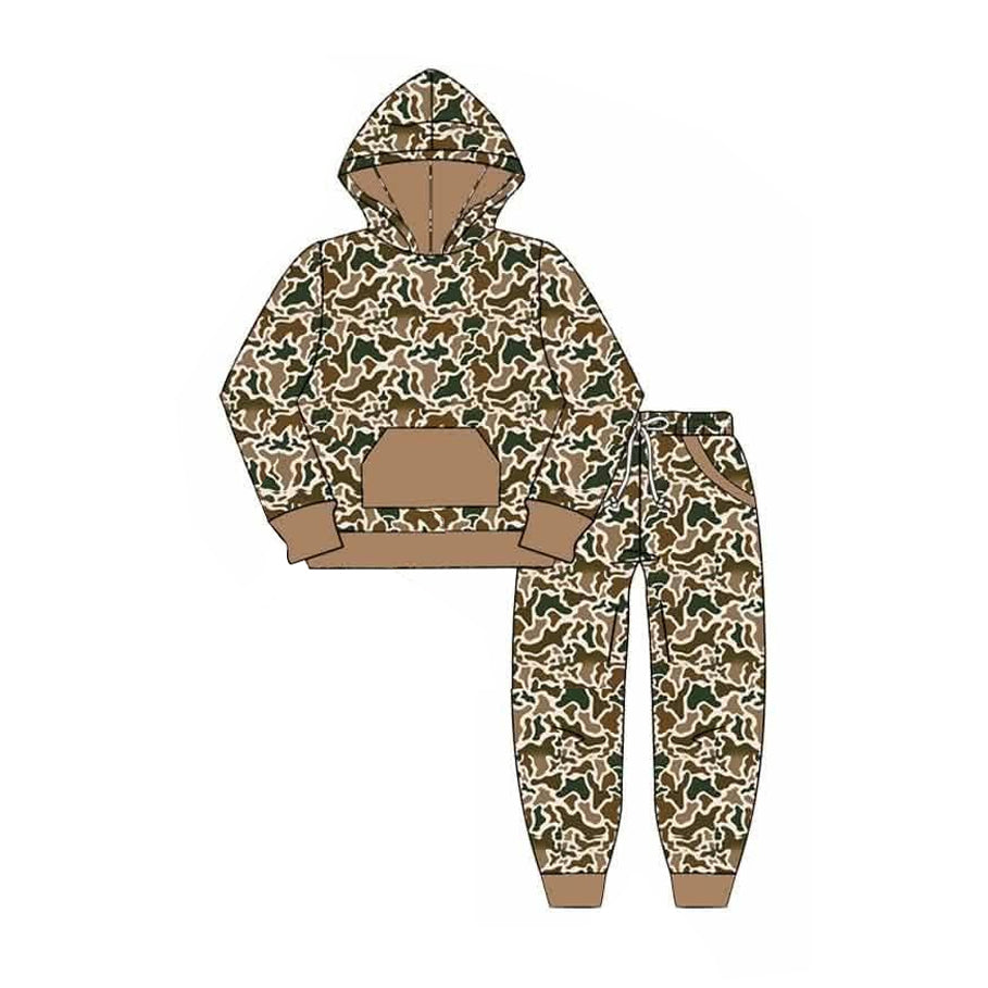 (Preorder new) No moq Baby Boys Camouflage Print Long Sleeve Hooded Sweatshirt Pockets Drawstring Waist Pocket Jogger Pants Set