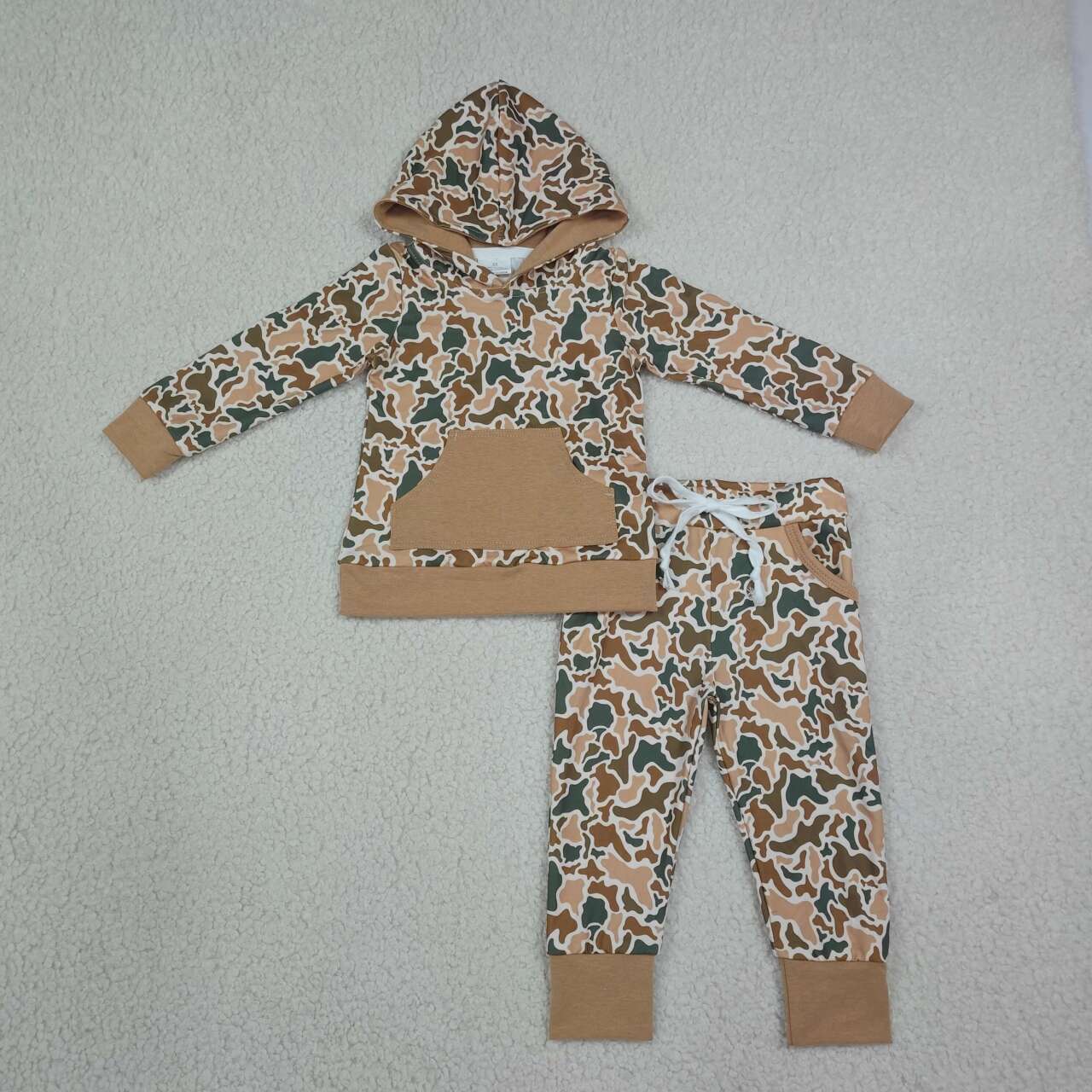 NEW RTS NO MOQ milk silk BLP1509 Baby Boys Khaki Green Camo Hoodie Pocket Jogger Pants Casual Outfit