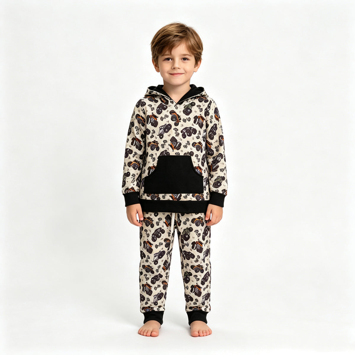 (Sample) No moq milk silk BLP1511 Baby Boys Long Sleeve Flags Motors Print Pocket Hoodie Jogger Pants Outfit