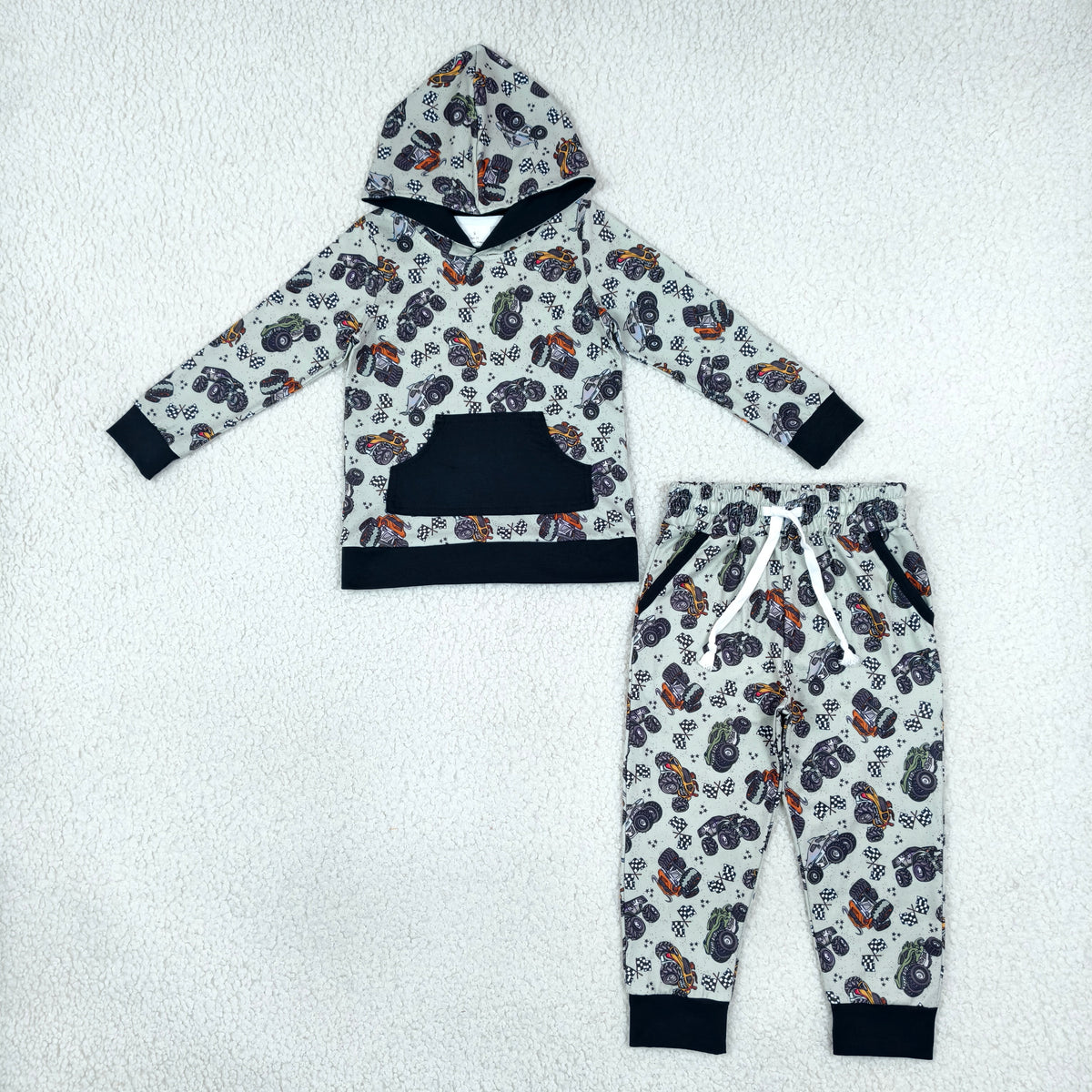 NEW RTS NO MOQ milk silk BLP1511 Baby Boys Long Sleeve Flags Print Pocket Hoodie Jogger Pants Outfit