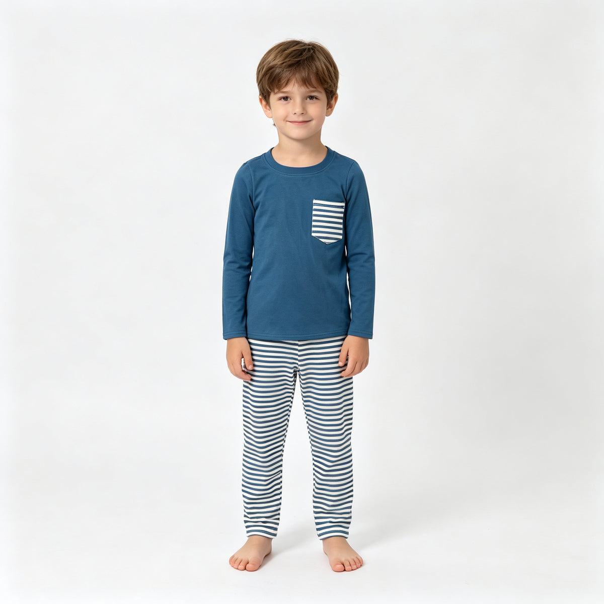 (Sample) No moq milk silk BLP1512 Baby Boys Navy Long Sleeve Pocket Top Stripe Pants Clothes Set Casual Outfit