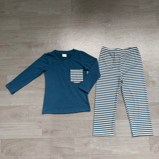 (Sample) No moq milk silk BLP1512 Baby Boys Navy Long Sleeve Pocket Top Stripe Pants Clothes Set Casual Outfit