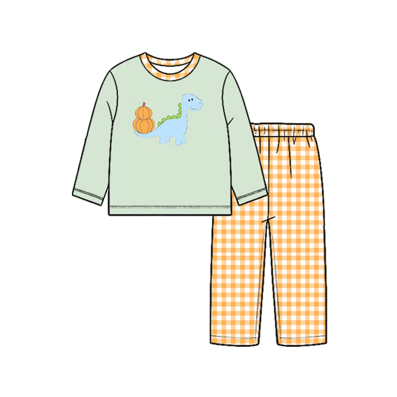 (Preorder new) No moq Baby Girls Boys Mint Green Pink Dinosaur Pumpkin  Long Sleeve Top Pants Set  Rompers