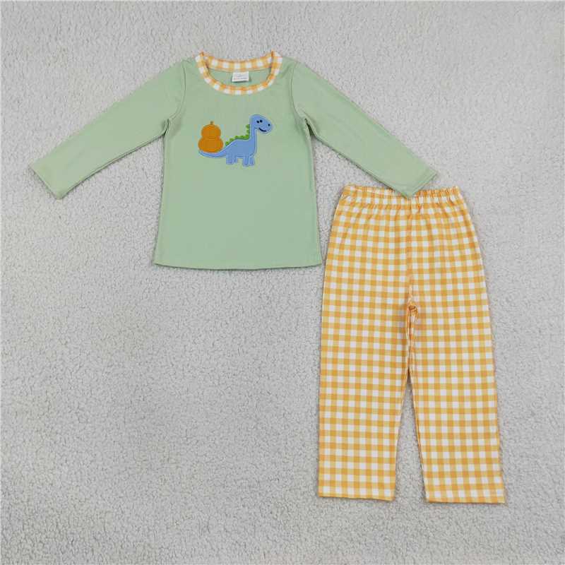 RTS NO MOQ Sibling milk silk Embroidery Baby Boys Dinosaur Pumpkin Gingham Trim Romper and Long Sleeve Top Plaid Pants Set