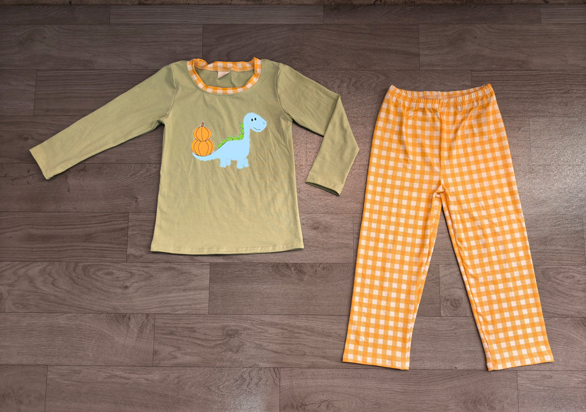 (Sample) No moq milk silk BLP1515 Embroidery Pumpkin Dinosaurs Baby Boys Top Checked Pants Fall Clothes Set Autumn Outfit