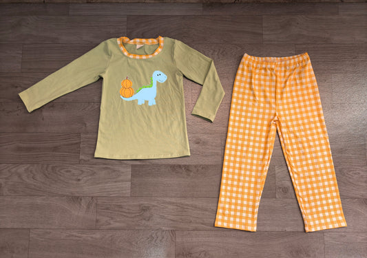 (Sample) No moq milk silk BLP1515 Embroidery Pumpkin Dinosaurs Baby Boys Top Checked Pants Fall Clothes Set Autumn Outfit