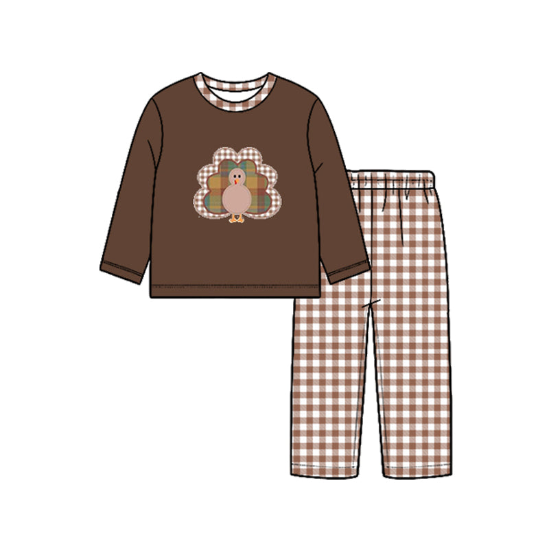(Preorder new) No moq Baby Girls Boys Brown Plaid Turkey Long Sleeve Top Pants Set Rompers