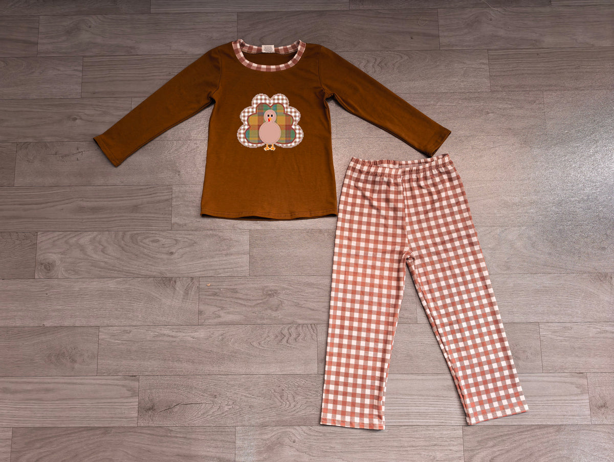 (Sample) No moq milk silk BLP1516 Embroidery Turkey Baby Boys Long Sleeve Top Checked Pants Thanksgivings Clothes Set