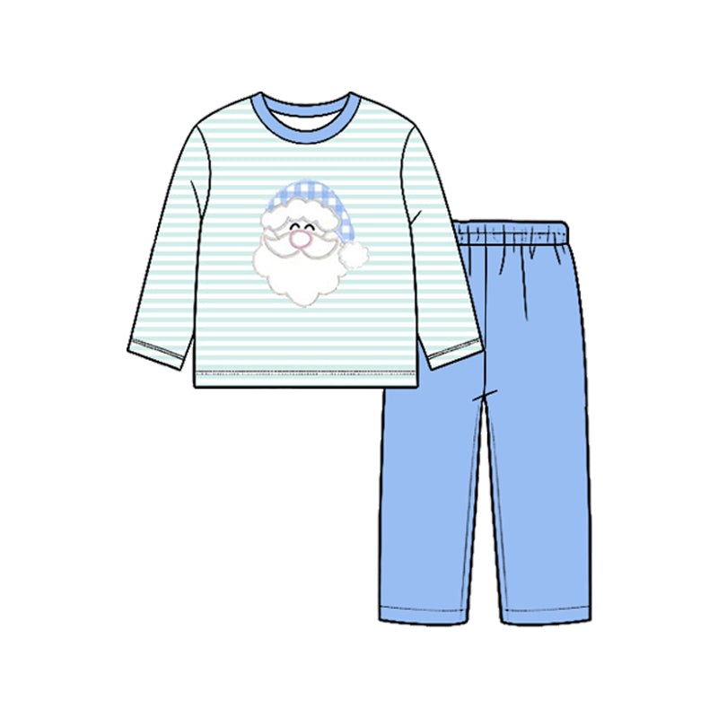 (Preorder new) No moq Baby Girls Light Mint Striped Santa Long Sleeve Top Pants Set