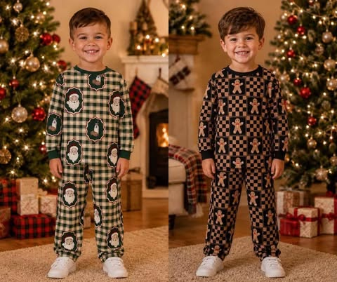 (Preorder new) No moq Baby Boys Print Long Sleeve Top Wide Leg Pants Kids Christmas Two Piece Outfit Set