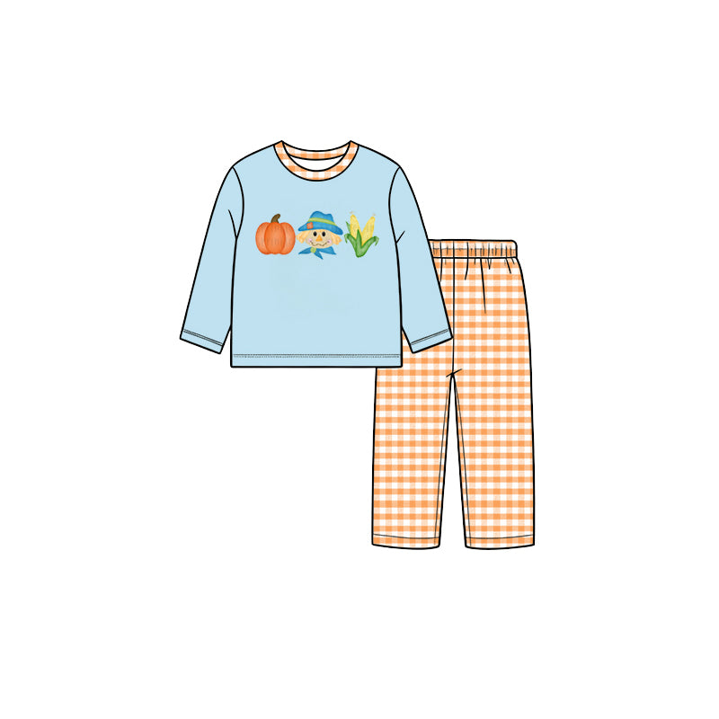 (Preorder new) No moq Baby Girls Boys Fall  Pumpkin Corn Print Long Sleeve Top Orange Gingham Pants Two Piece Outfit Set Rompers
