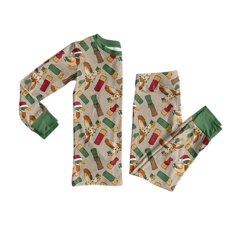(Preorder new) No moq Boys Duck Print Green Cuff Long Sleeve Two Piece Christmas Hunting Pajama Set Romper Blankets