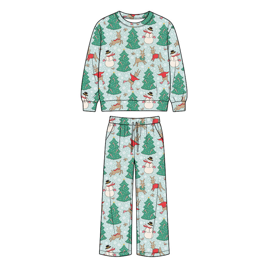 (Preorder new) No moq Baby Girls Boys Snowman Tree Deer Print Pocket Top Matching Pants Christmas Clothes Set Rompers Blankets