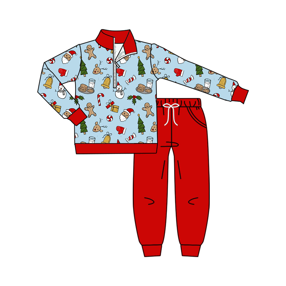 (Preorder new) No moq Baby Boys Snowman Tree Print Zip Pullover Pocket Top Matching Jogger Set Rompers