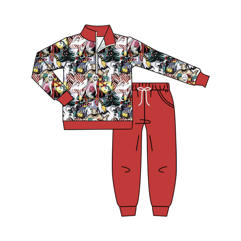 (Preorder new) No moq Baby Boys Ghost Print Zip Pullover Pocket Top Matching Jogger Set Rompers