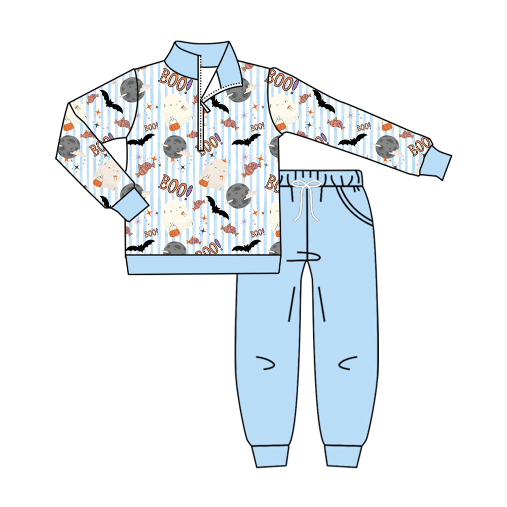 (Preorder new) No moq Baby Boys Halloweens Blue Stripe Boo Bats Print Zip Pullover Pocket Top Matching Jogger Set Rompers