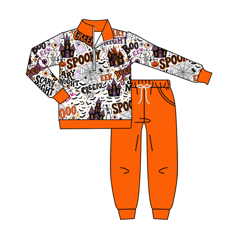 (Preorder new) No moq Baby Boys Halloweens Spooky Bats Print Zip Pullover Pocket Top Matching Jogger Set Rompers