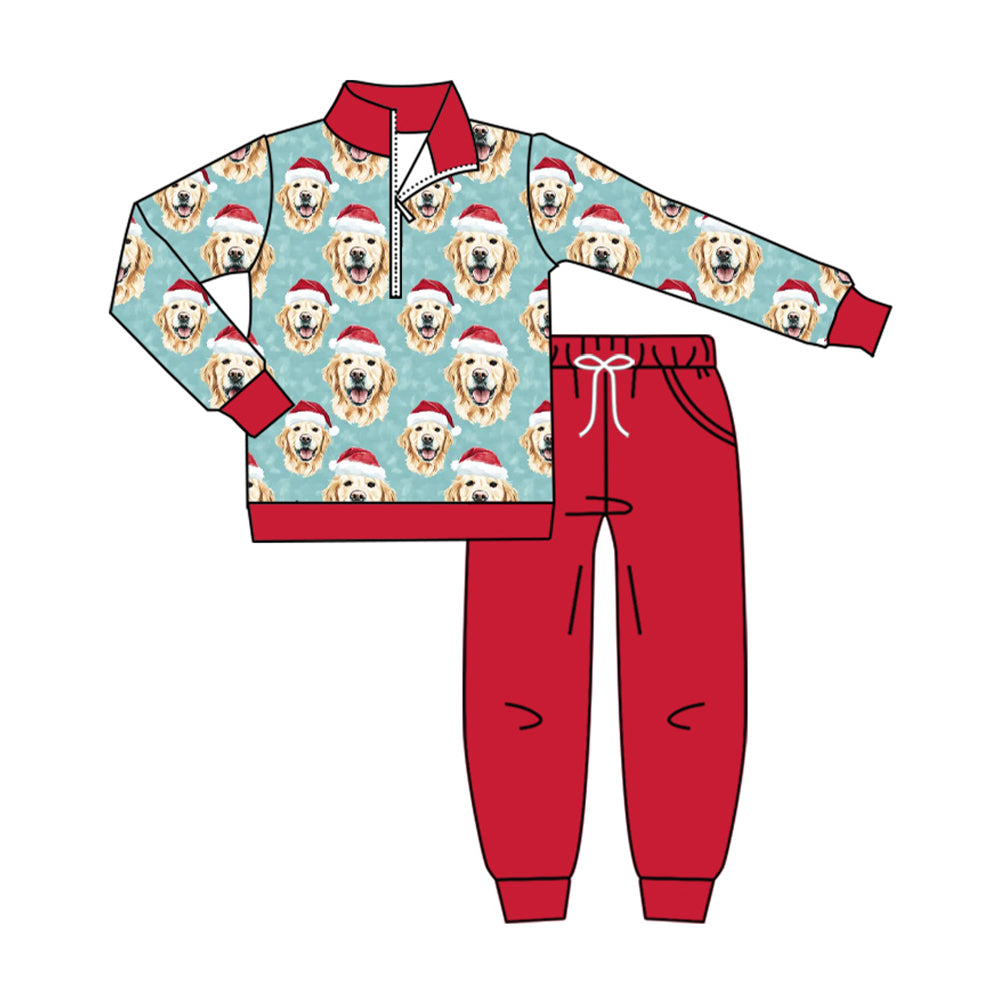 (Preorder new) No moq Baby Boys Christmas Hat Dogs Tree Print Zip Pullover Pocket Top Matching Jogger Set Rompers