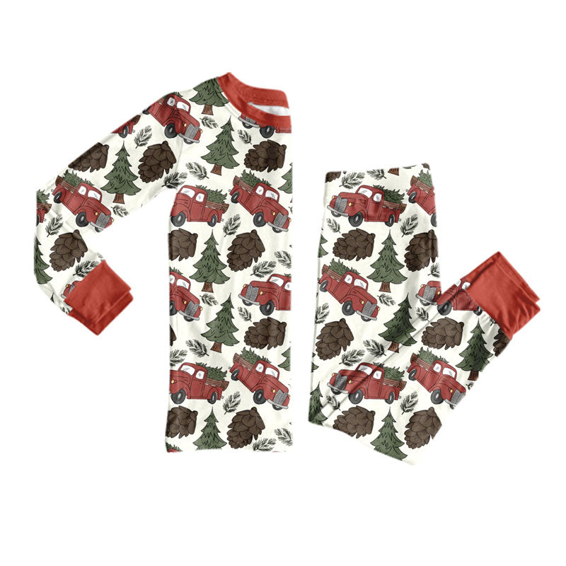 (Preorder new) No moq Boys Red Truck Christmas Tree Pine Cone Print Long Sleeve Matching Pajamas Set Romper Blankets