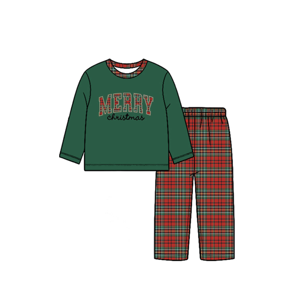 (Preorder new) No moq Baby Merry Christmas Letter Print Kids Outfit Dark Green Top Red Plaid Pants Matching Zipper Romper